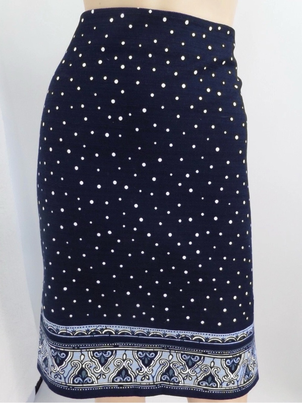 LOFT Navy and White Polka Dot Pencil Skirt with Border Print